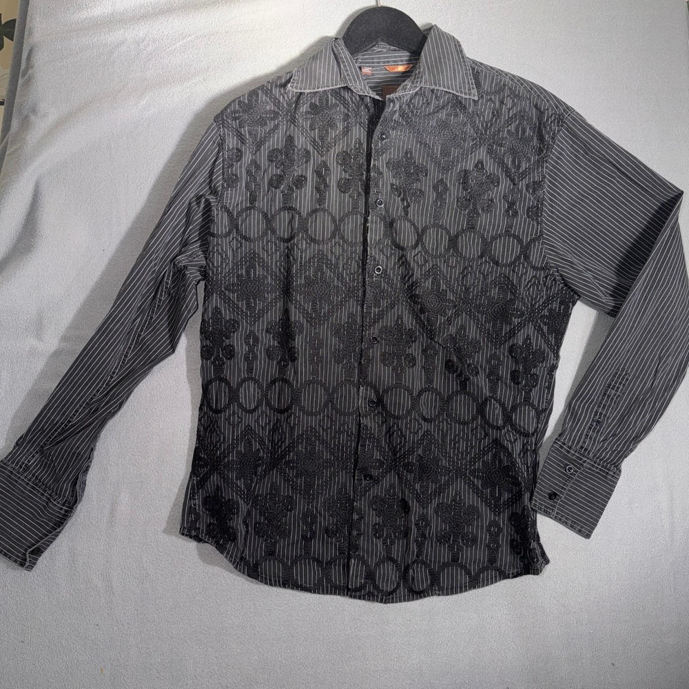 Roar Large Pinstripe Embroidered Gothic Rocker Biker Western Button Down Shirt